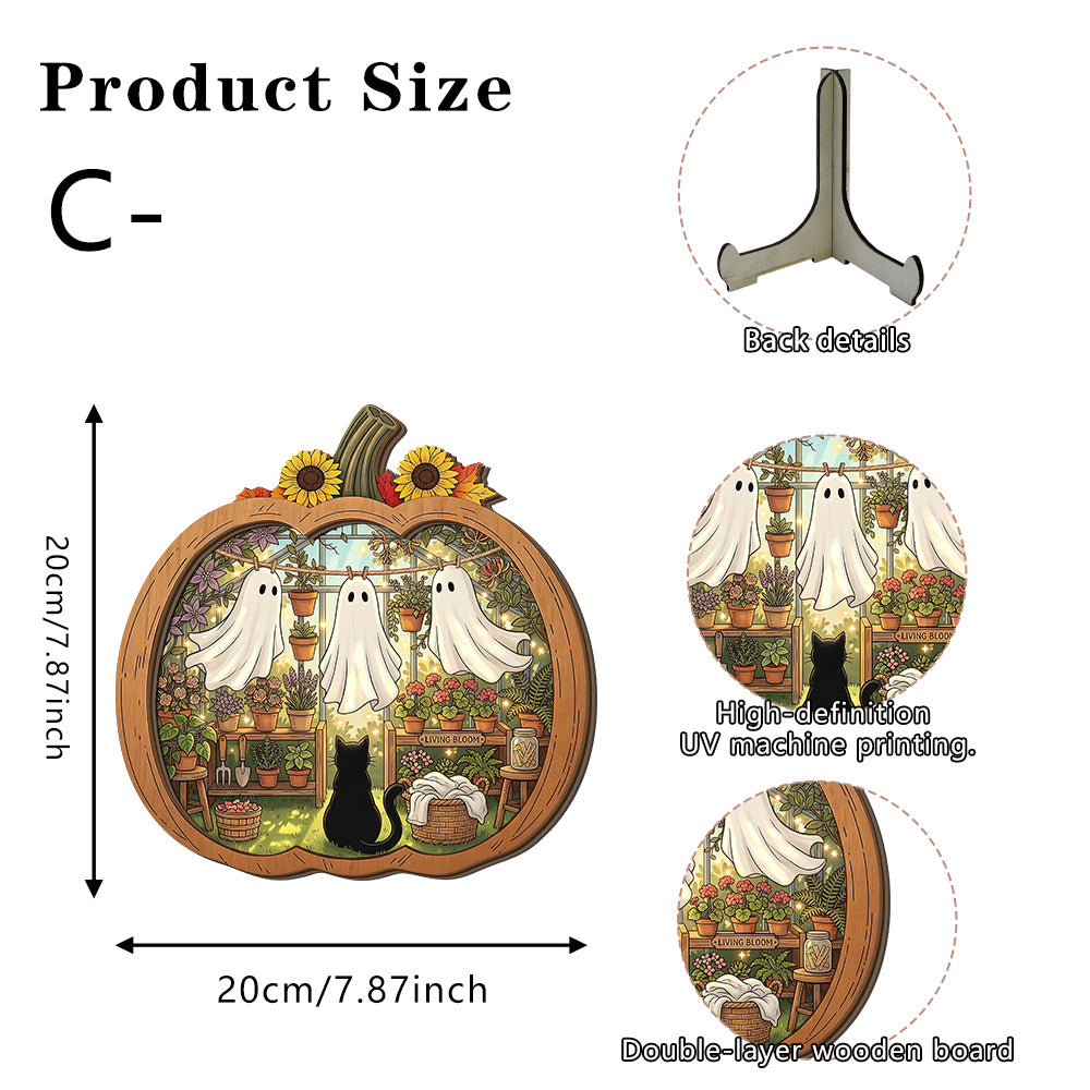 👻 Betoverende Halloween-spookpompoendecoratie | Gezellig houten tafelornament met charmante taferelen