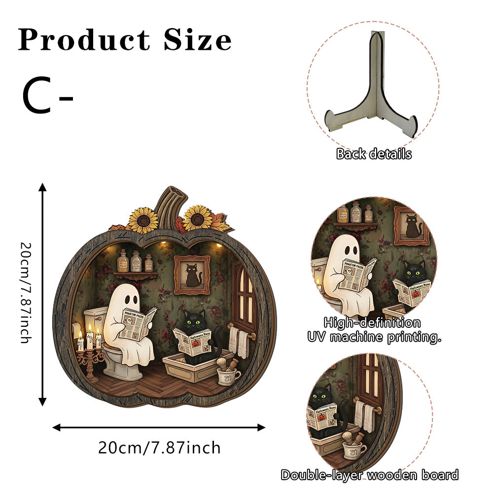👻 Betoverende Halloween-spookpompoendecoratie | Gezellig houten tafelornament met charmante taferelen