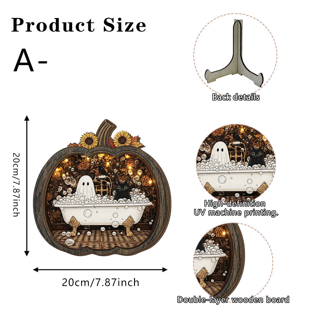 👻 Betoverende Halloween-spookpompoendecoratie | Gezellig houten tafelornament met charmante taferelen