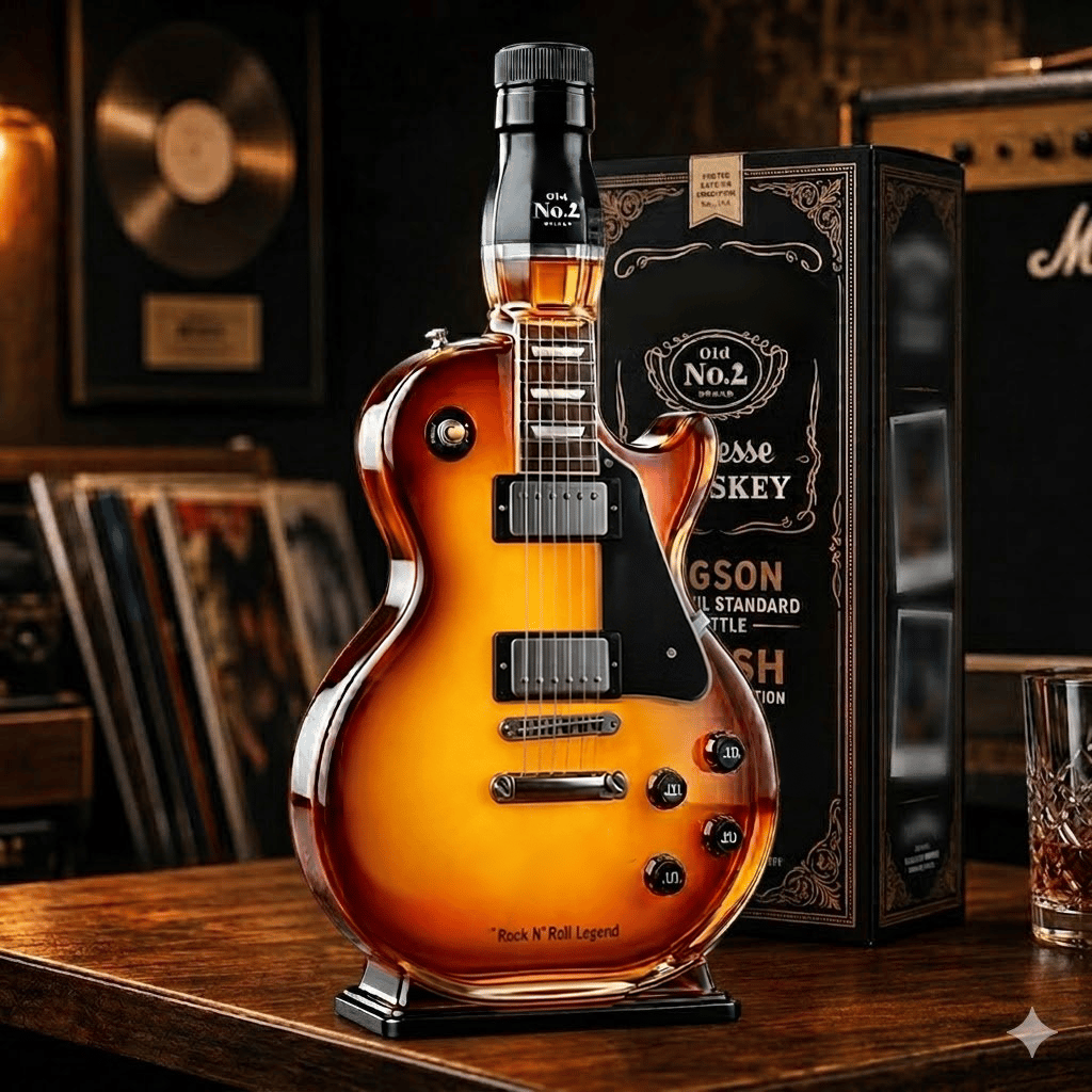 🤘Honger naar rockmuziek: Vintage gitaarfiguurtje in sunburst-afwerking als drankfles🎸✨