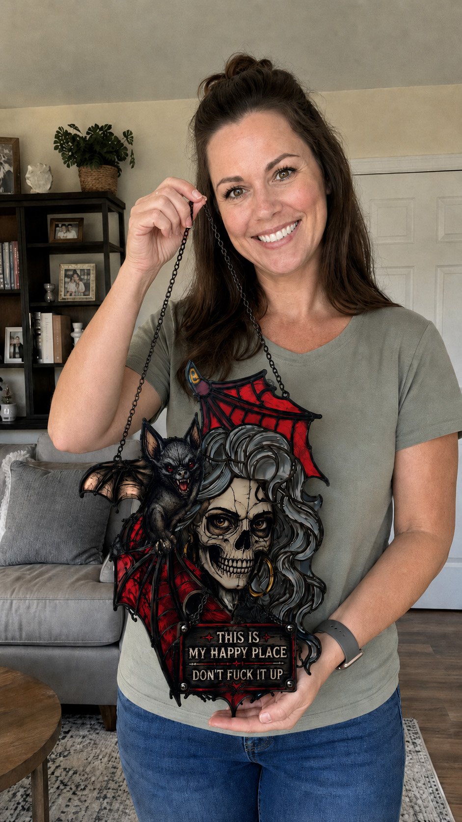 🦇💀Gotische schedel en vleermuis "Mijn gelukkige plek" Hangdecoratie — Stemmingsafhankelijke haareffect wanddecoratie✨