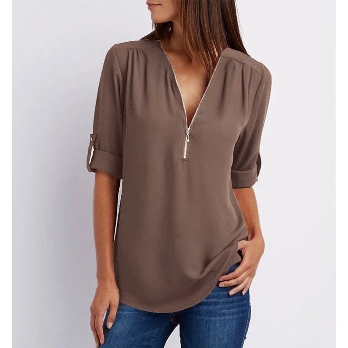 Grote maat 3/4 mouw los chiffon shirt met V-hals en ritssluiting