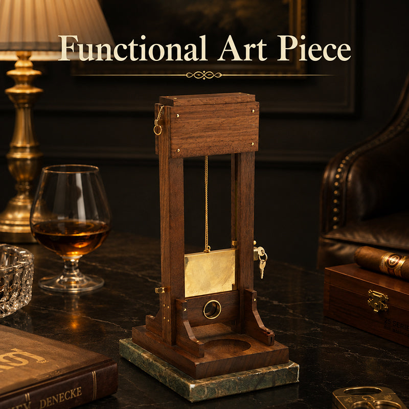 Vintage Guillotine-Tischaccessoire – Decoratieve Holz en Metallobjekt met geïntegreerde Ablagetablett