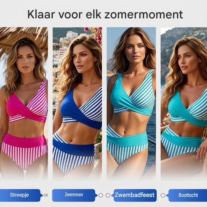 Kétrészes, színes blokkos és csíkos bikini