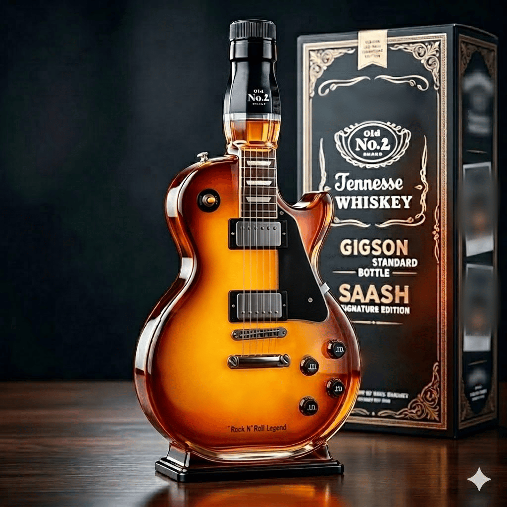 🤘Honger naar rockmuziek: Vintage gitaarfiguurtje in sunburst-afwerking als drankfles🎸✨
