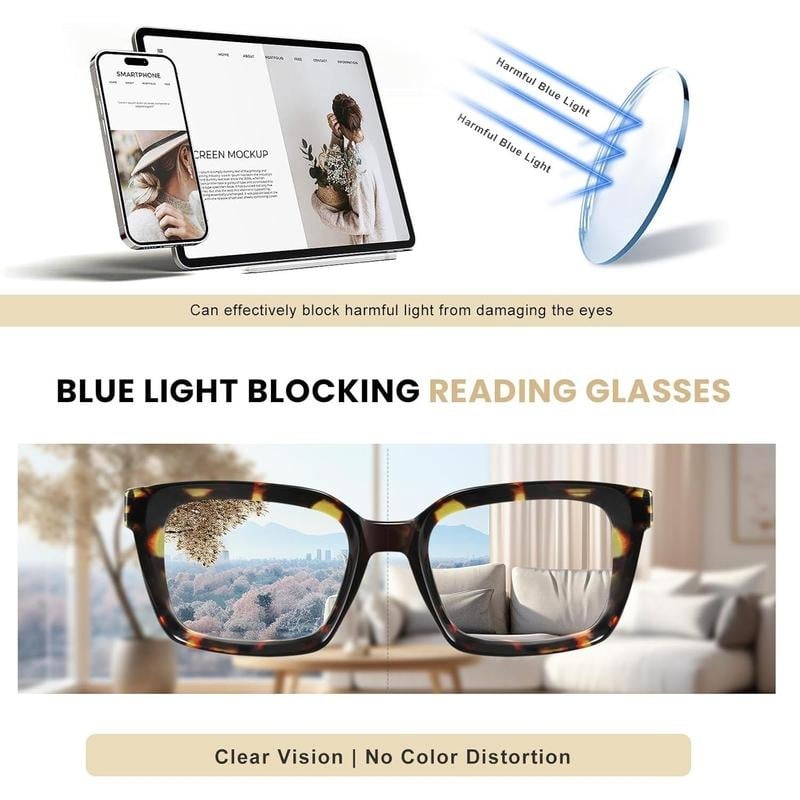 👓3-pack leesbrillen met schildpadmontuur - Blauwlichtfilterende oversized vierkante leesbri