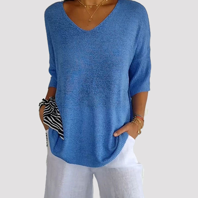Effen gebreide top met v-hals