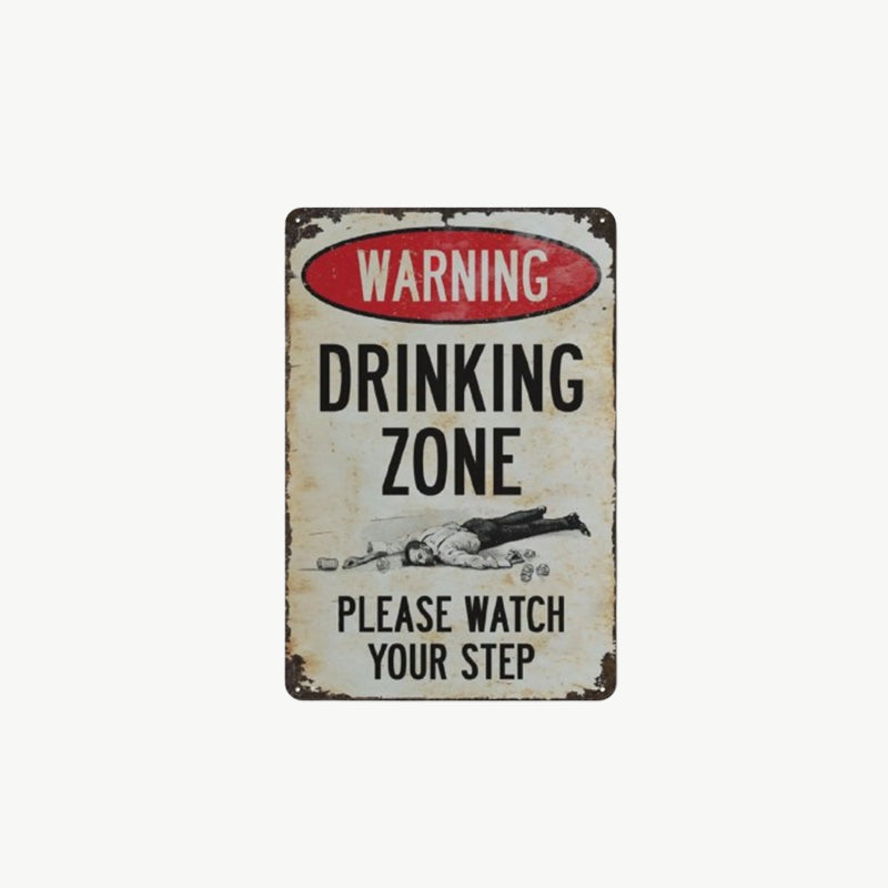 Grappig metalen bord in vintagestijl: 'Drinking Zone' (waarschuwing) 🍻🚧