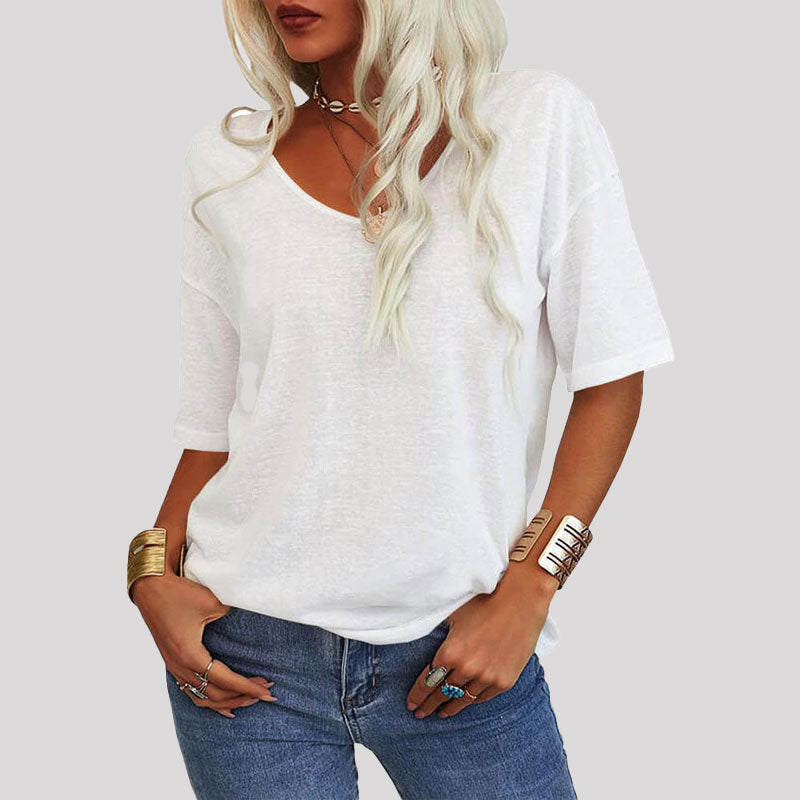 Dames-T-shirt met effen kleur V-hals