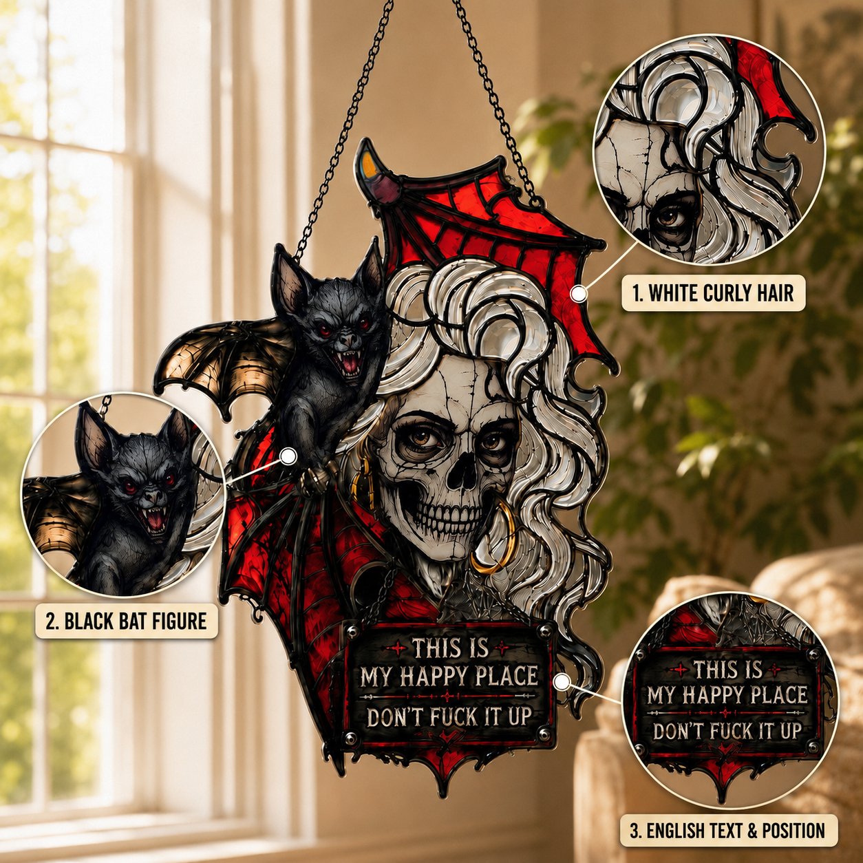 🦇💀Gotische schedel en vleermuis "Mijn gelukkige plek" Hangdecoratie — Stemmingsafhankelijke haareffect wanddecoratie✨