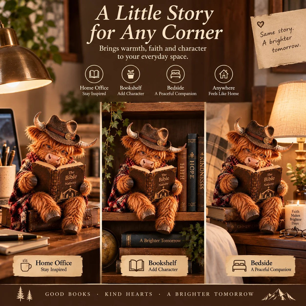 ⏳ Laatste dag: 49% korting – 🐮 Kerstbeeldje van Schotse Hooglander met boek – Cadeau voor boekenliefhebbers (geïnspireerd door geloof)