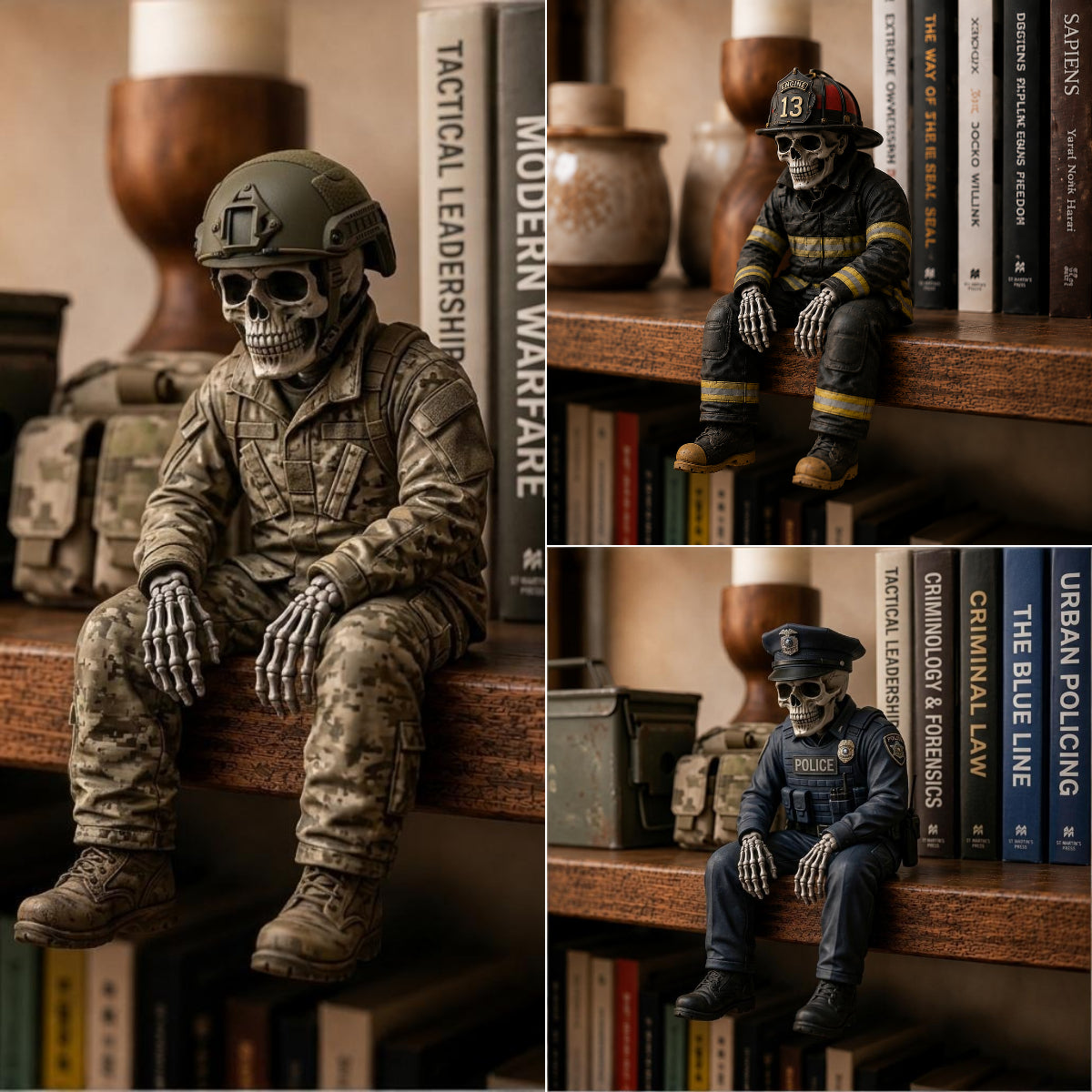 🎖️ Heldhaftige skeletfiguren voor op een plank | Politieagent en soldaat decoratie van hars