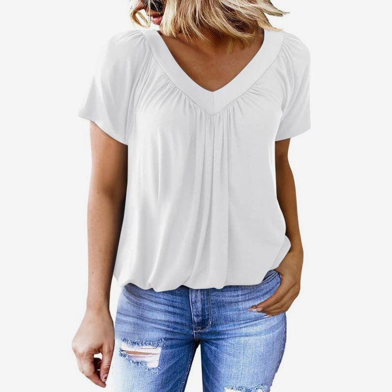 Casual damesblouse met plooien, V-hals en korte mouwen.