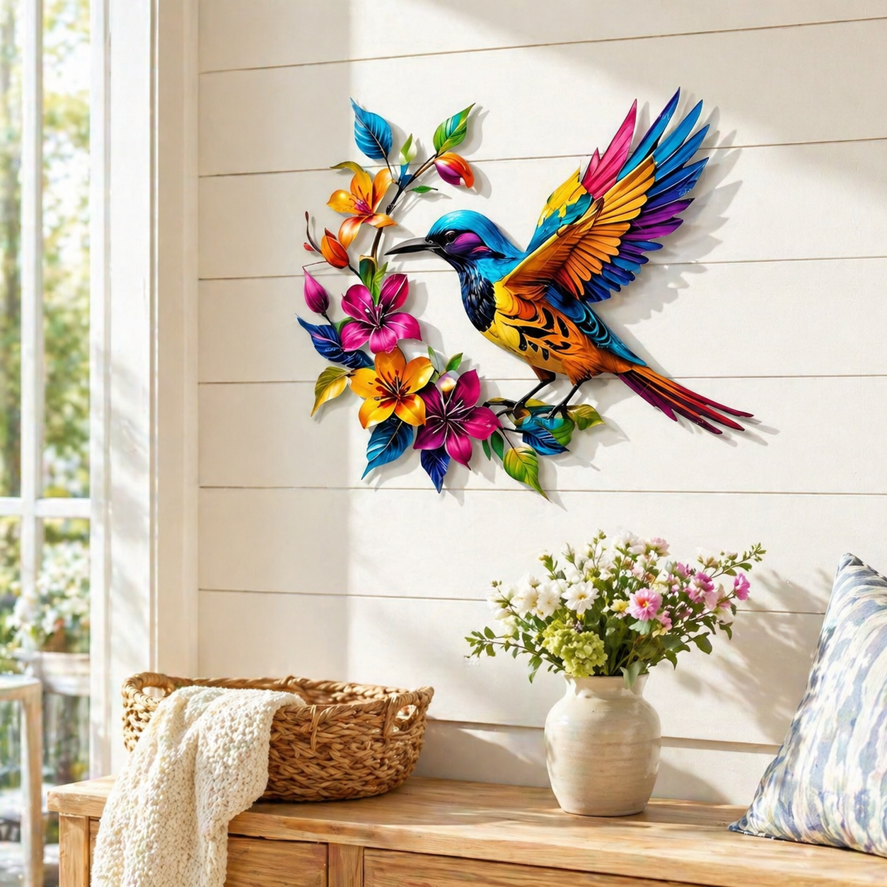 Metalen wanddecoratie met bloeiende kolibrie