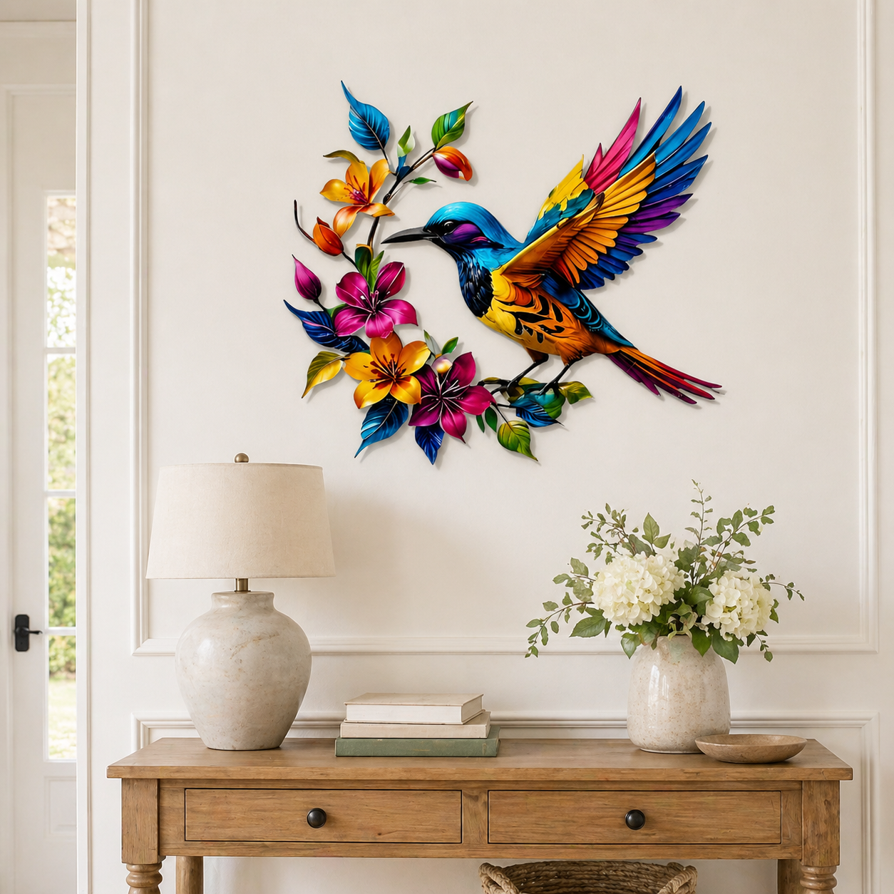 Metalen wanddecoratie met bloeiende kolibrie