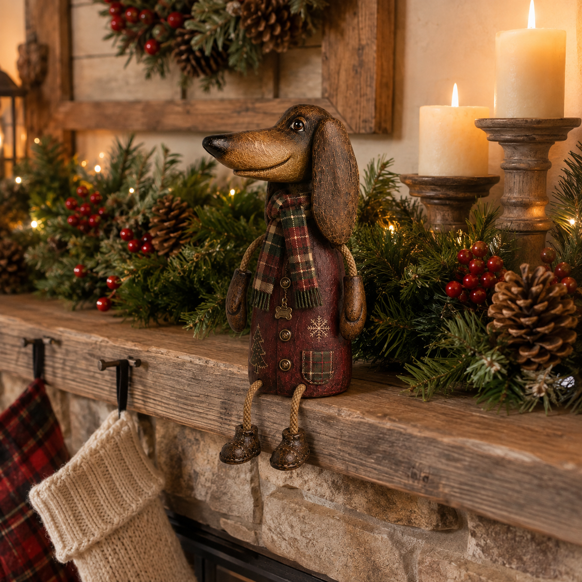 🏡Vintage kerstdecoratie met een teckel voor op een plank