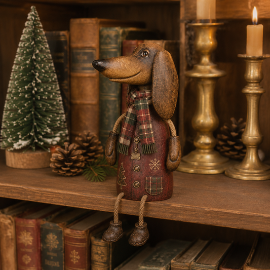 🏡Vintage kerstdecoratie met een teckel voor op een plank