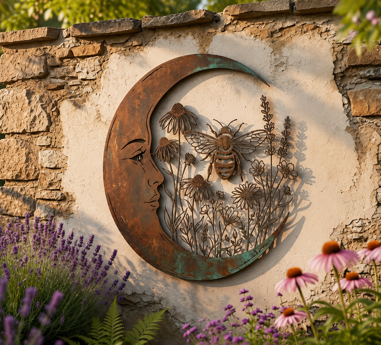 🌙 Muurdecoratie met halve maan en bij — Breng dromerige magie naar je tuin en terras! ✨🐝