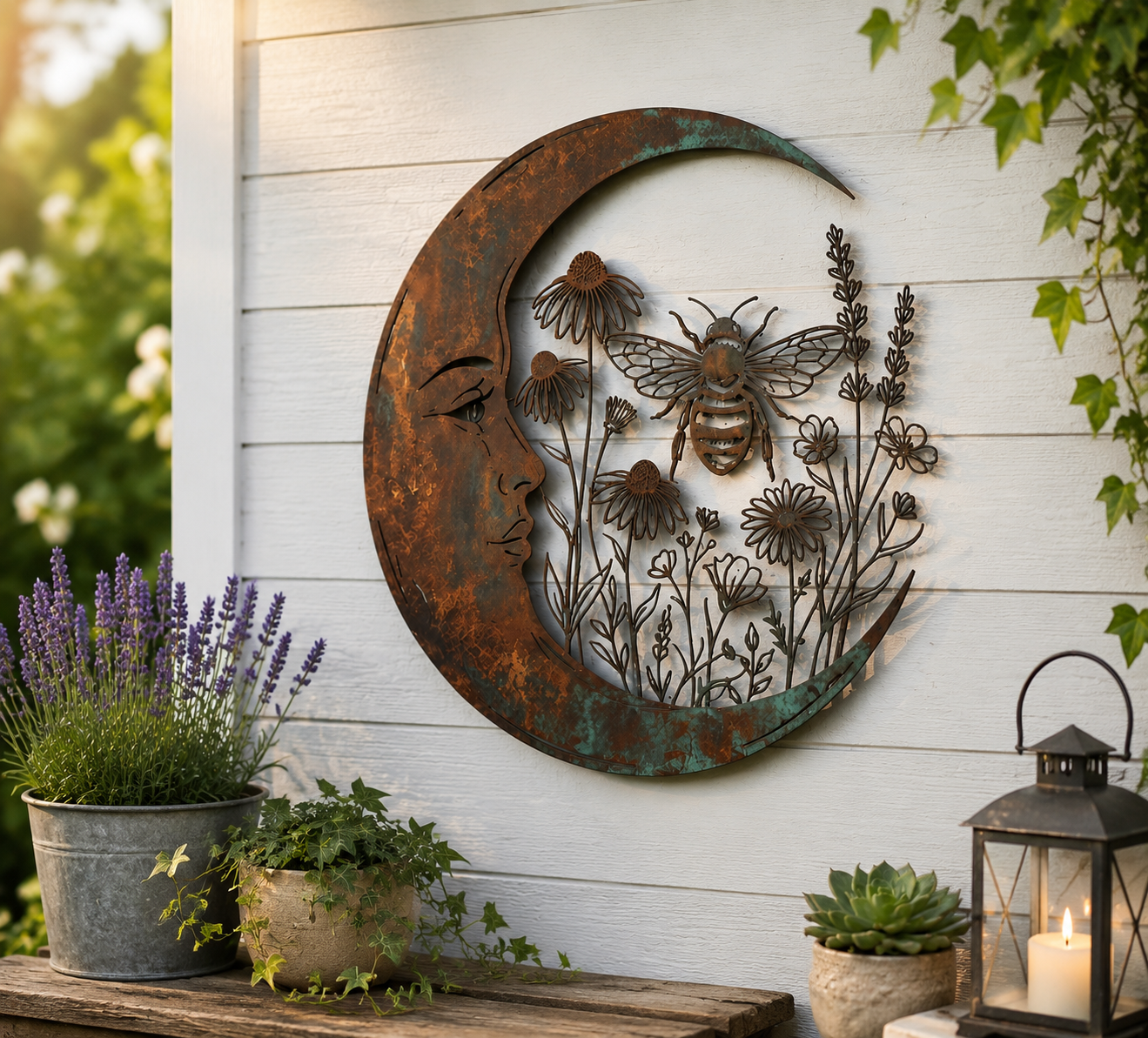 🌙 Muurdecoratie met halve maan en bij — Breng dromerige magie naar je tuin en terras! ✨🐝