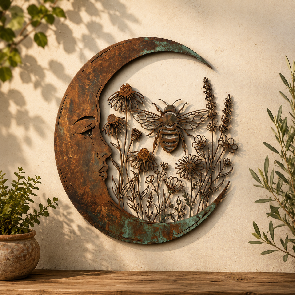 🌙 Muurdecoratie met halve maan en bij — Breng dromerige magie naar je tuin en terras! ✨🐝