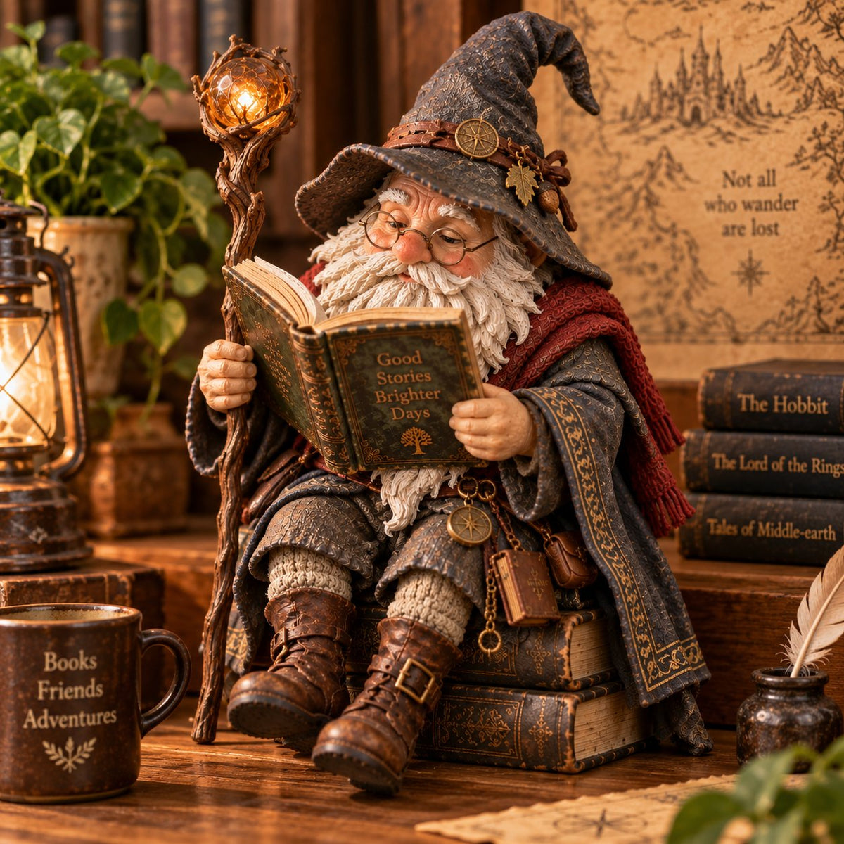 🔥LAATSTE DAG 50% KORTING🧙‍♂️ De Zwervende Kabouter-geleerde – Betoverd beeldje van een lezende tovenaar