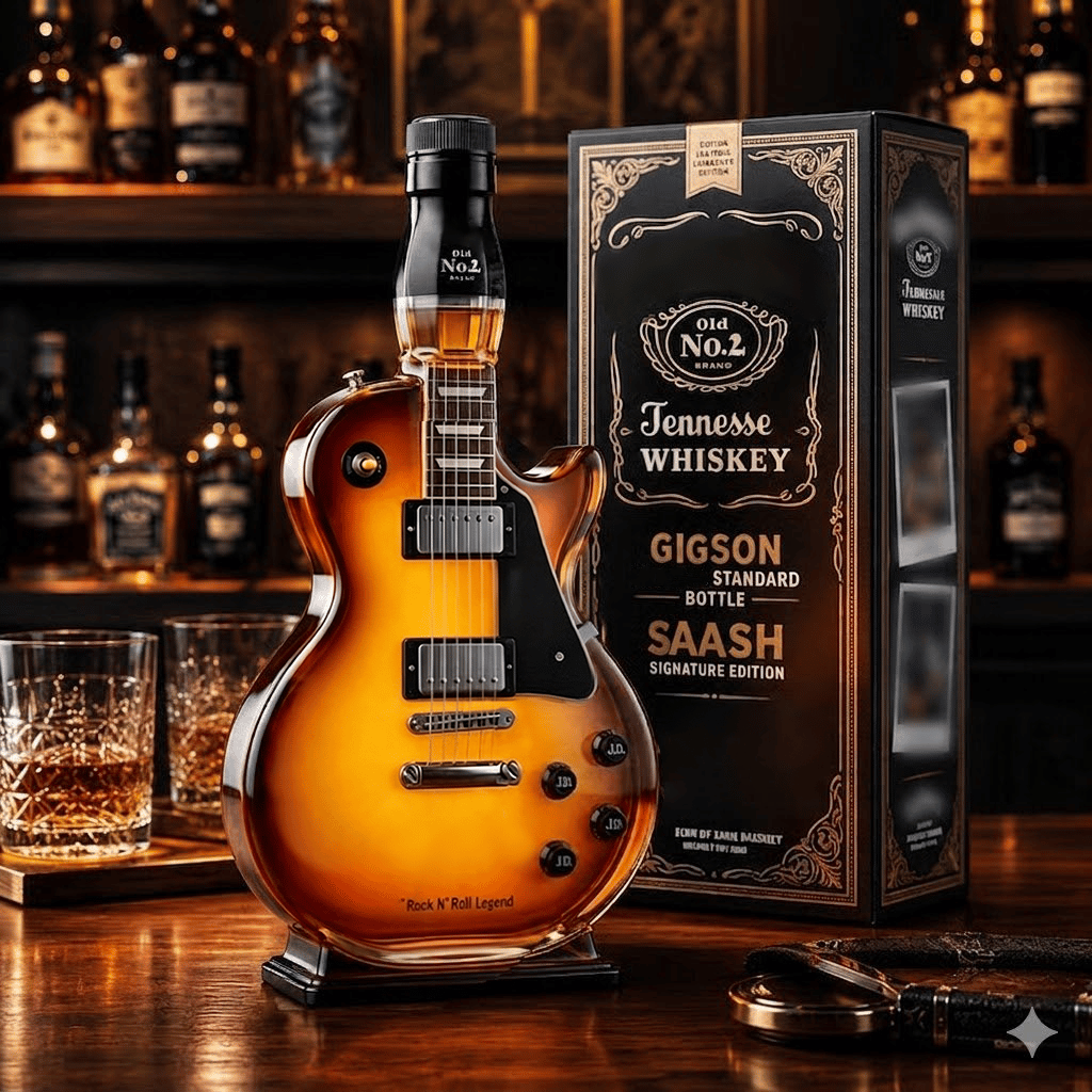 🤘Honger naar rockmuziek: Vintage gitaarfiguurtje in sunburst-afwerking als drankfles🎸✨