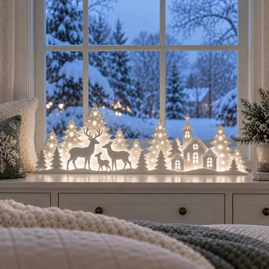 🦌 Verlichte kerstdecoratie voor voor het raam – rendier & dorp | 2-delige led-set ✨