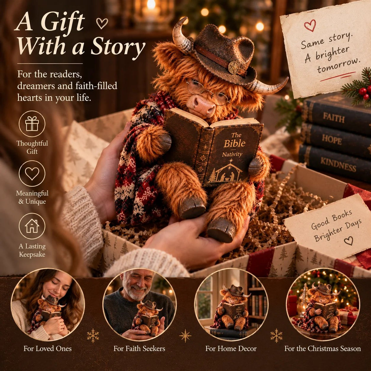⏳ Laatste dag: 49% korting – 🐮 Kerstbeeldje van Schotse Hooglander met boek – Cadeau voor boekenliefhebbers (geïnspireerd door geloof)