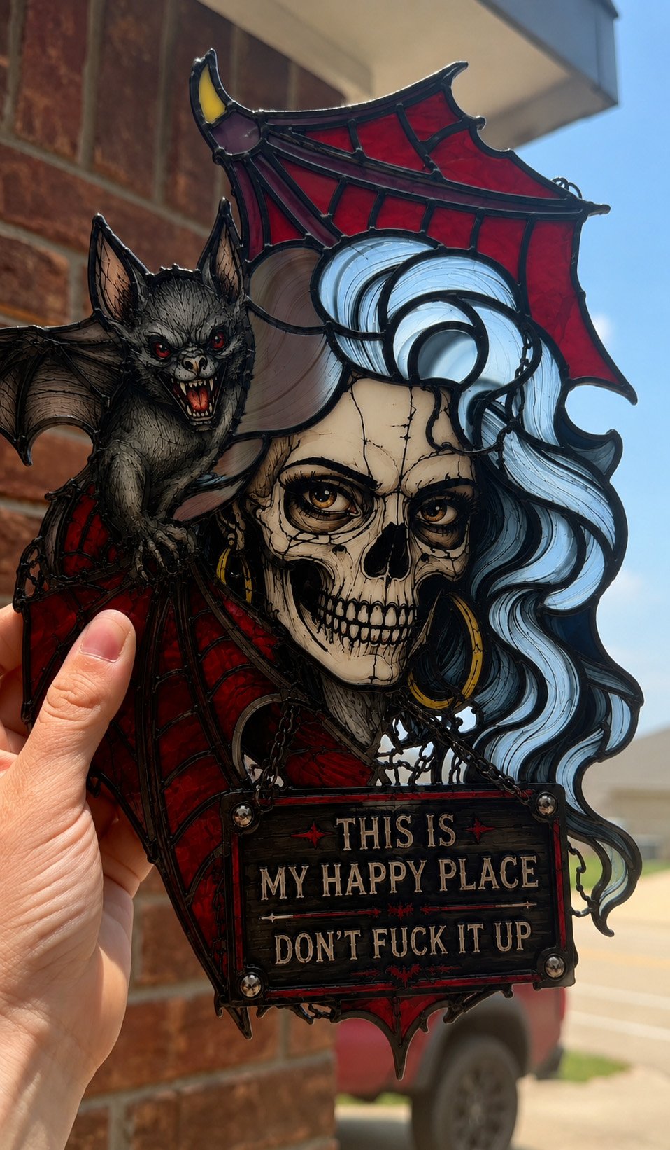 🦇💀Gotische schedel en vleermuis "Mijn gelukkige plek" Hangdecoratie — Stemmingsafhankelijke haareffect wanddecoratie✨