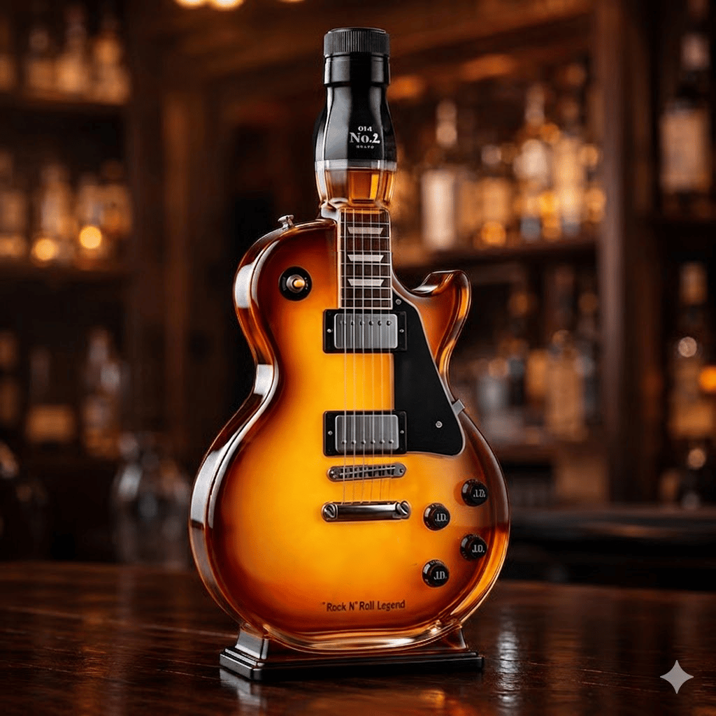 🤘Honger naar rockmuziek: Vintage gitaarfiguurtje in sunburst-afwerking als drankfles🎸✨