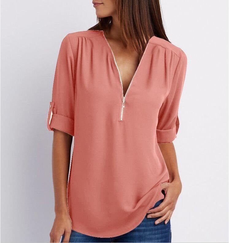 Grote maat 3/4 mouw los chiffon shirt met V-hals en ritssluiting