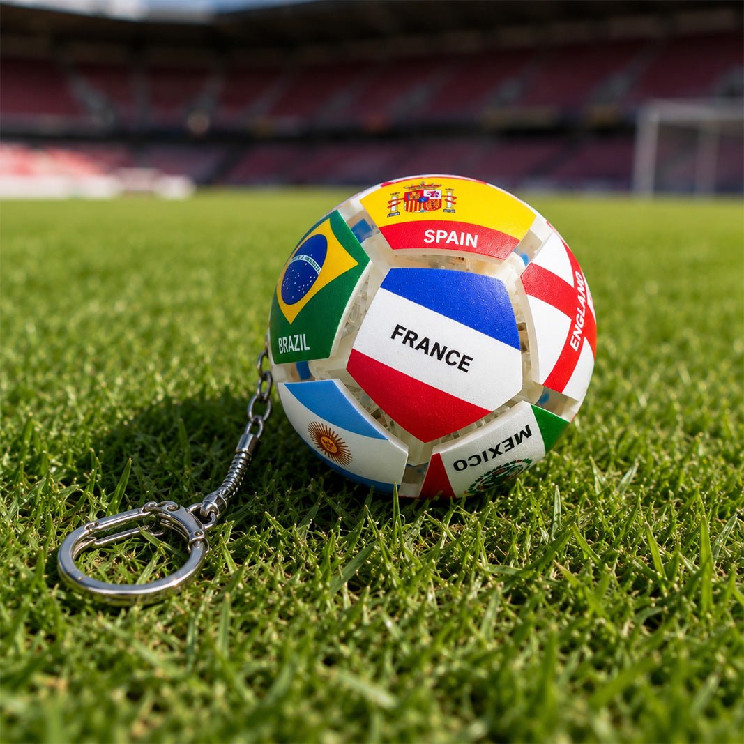🏆⚽ Officieel gelicentieerde sleutelhanger met wereldvlag en voetbalmotief | Stressverlichtend speeltje voor in je zak