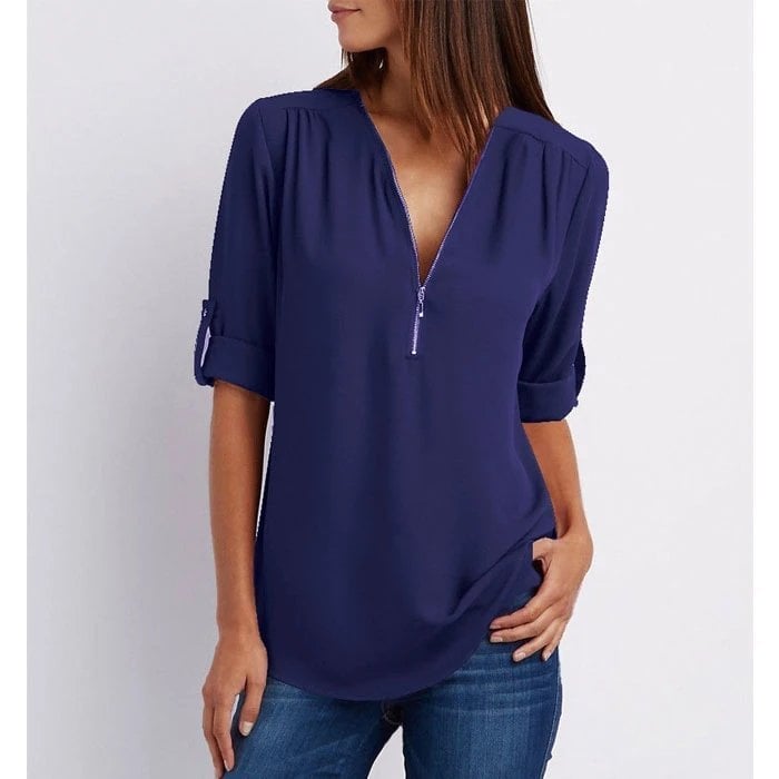 Grote maat 3/4 mouw los chiffon shirt met V-hals en ritssluiting