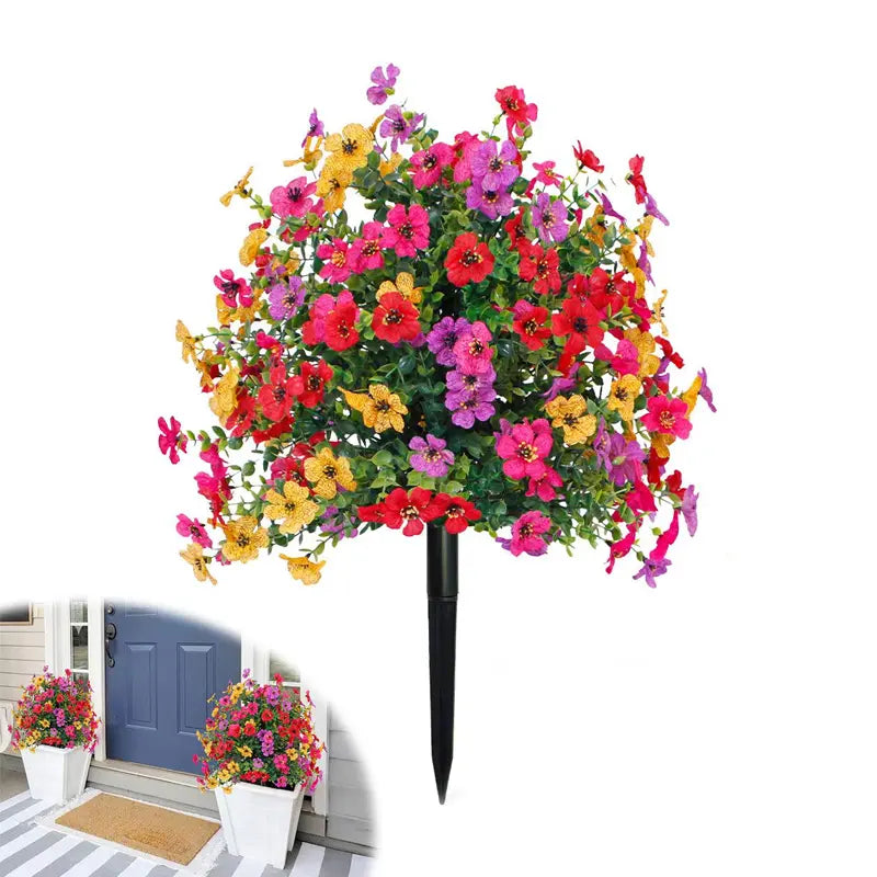 Bloemdecoratie met kunstmatige eucalyptus en viooltjes voor in de gron