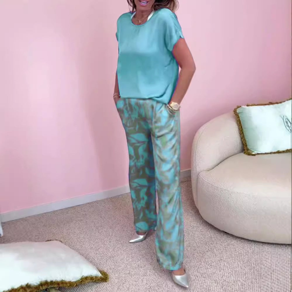 Ronde hals met korte mouwen, bedrukt, korte mouwen, lange broek, tweedelig pak