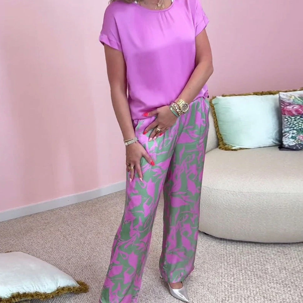 Ronde hals met korte mouwen, bedrukt, korte mouwen, lange broek, tweedelig pak