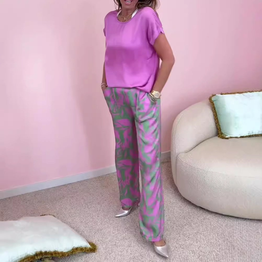 Ronde hals met korte mouwen, bedrukt, korte mouwen, lange broek, tweedelig pak