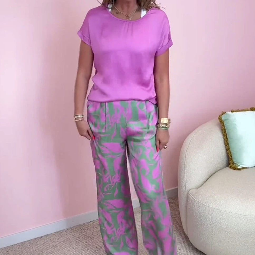 Ronde hals met korte mouwen, bedrukt, korte mouwen, lange broek, tweedelig pak