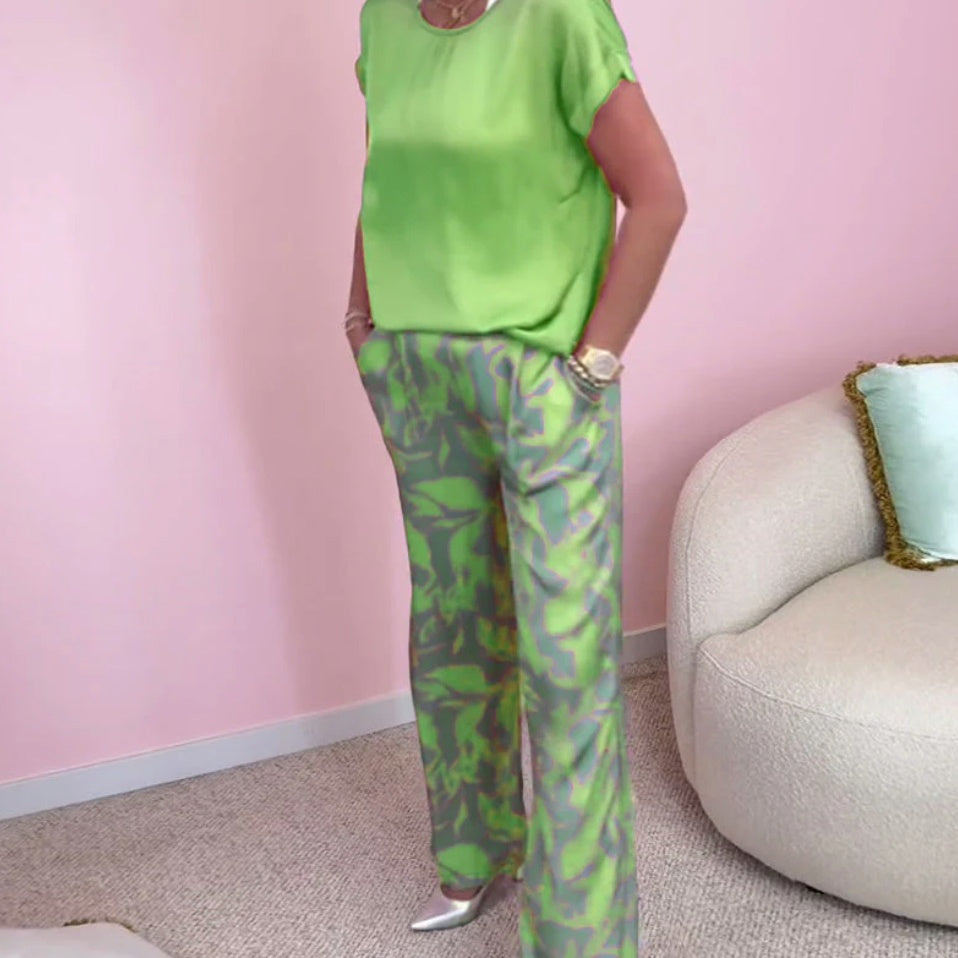 Ronde hals met korte mouwen, bedrukt, korte mouwen, lange broek, tweedelig pak