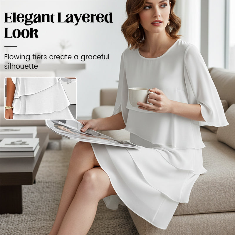 🎁 Elegante damesjurk met gelaagde ruche-mouwen – Moeiteloze stijl voor elke gelegenheid 💃