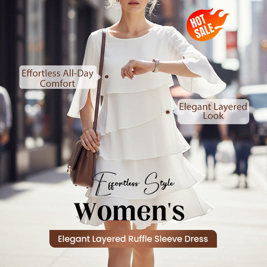 🎁 Elegante damesjurk met gelaagde ruche-mouwen – Moeiteloze stijl voor elke gelegenheid 💃