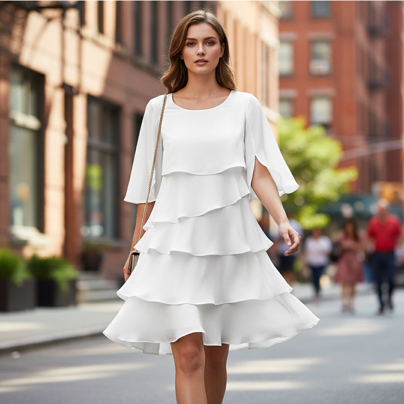 🎁 Elegante damesjurk met gelaagde ruche-mouwen – Moeiteloze stijl voor elke gelegenheid 💃