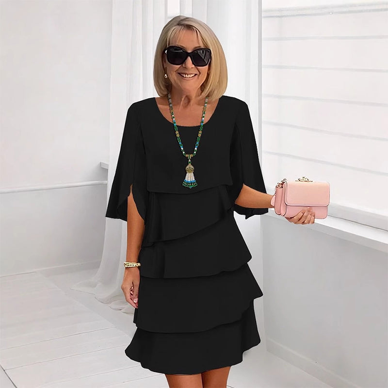 🎁 Elegante damesjurk met gelaagde ruche-mouwen – Moeiteloze stijl voor elke gelegenheid 💃