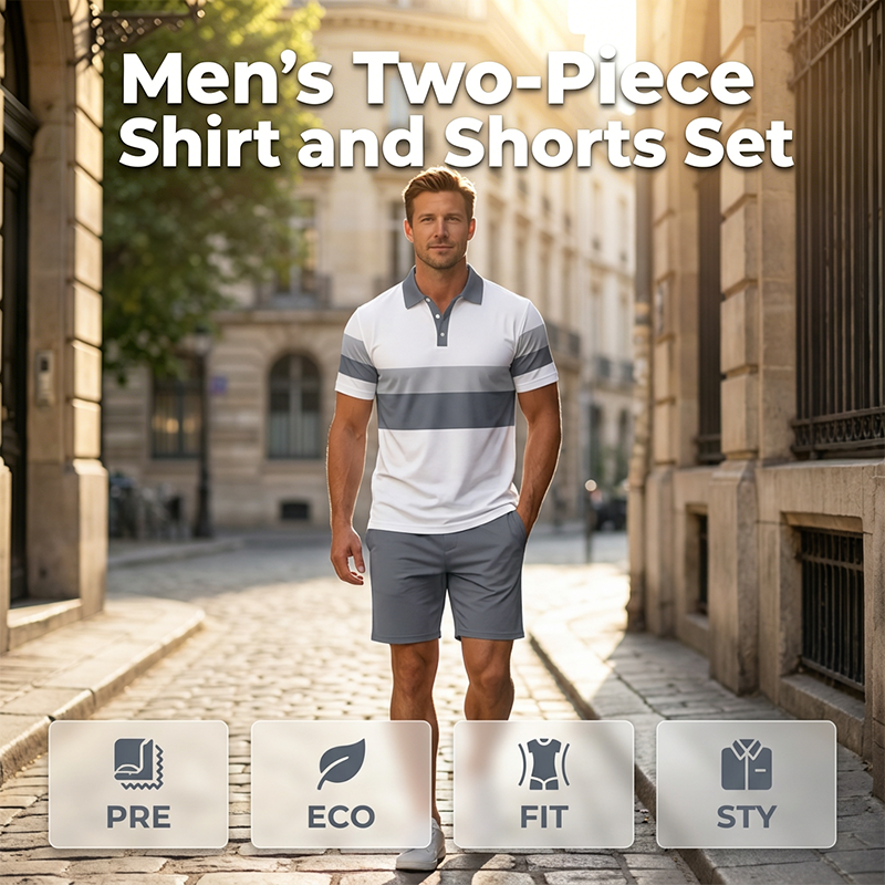 Tweedelig herenpak bestaande uit shirt en short – Digitale print, sportieve pasvorm, kreukvrij ✨