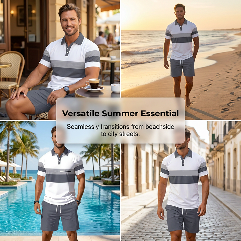 Tweedelig herenpak bestaande uit shirt en short – Digitale print, sportieve pasvorm, kreukvrij ✨